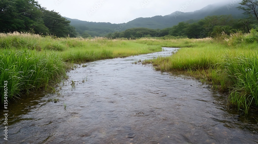 Aufkleber serene landscape featuring a gentle stream flowing through lush green grass and mountains in the bac