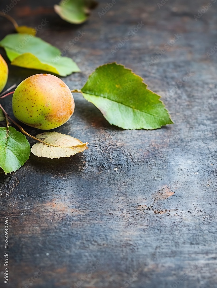 Aufkleber fresh apples with green leaves resting on a rustic wooden surface creating a natural still life comp