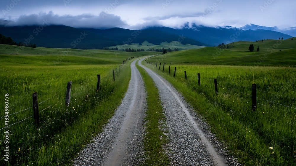 Poster serene countryside road with lush green fields and distant mountains under a cloudy sky : generative