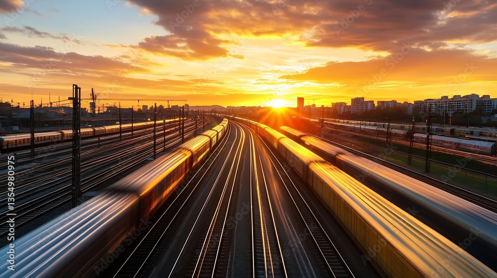 Poster Dynamic sunset over a railway with speeding trains and vibrant cloud patterns : Generative AI