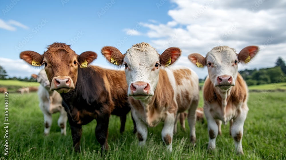 Poster three playful young calves in a green pasture surrounded by lush fields and bright sky : generative 