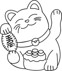 Lucky cat toy Chinese new year graphic element Outline vector illustration Hand drawn line art