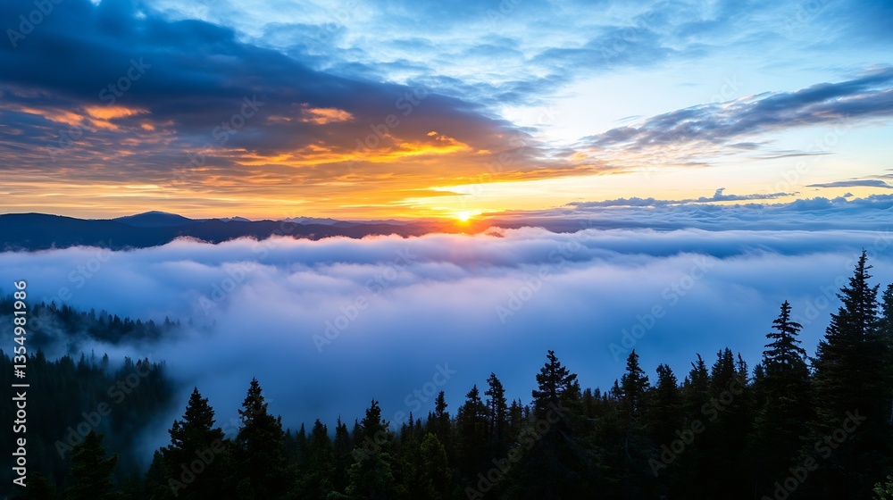Poster stunning sunset over a misty landscape with clouds and pine trees under a colorful sky : generative 