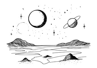 fantasy space landscape with planets black vector line art © Mago