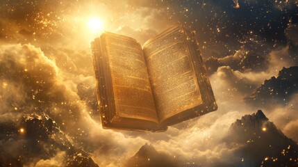 An open, glowing book floats in a luminous cloudscape, surrounded by ethereal light and soft, golden hues. This enchanting image embodies fantasy, magic, and dreams, ideal for imaginative storytelling