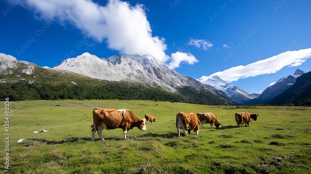 Poster charming scene of brown cows grazing peacefully in a lush green meadow with majestic mountains in th