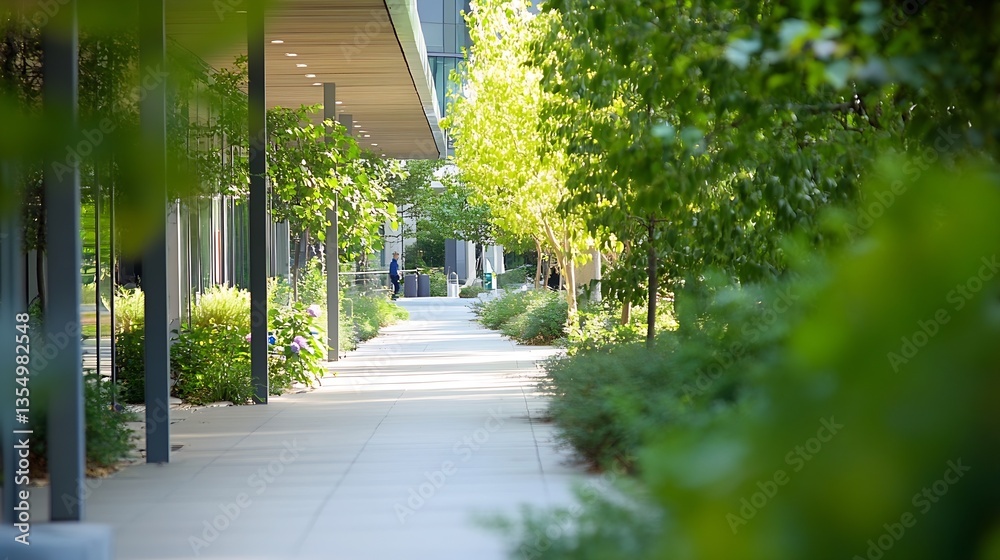 Aufkleber Serene pathway lined with lush trees and greenery inviting leisurely strolls in a harmonious urban setting : Generative AI