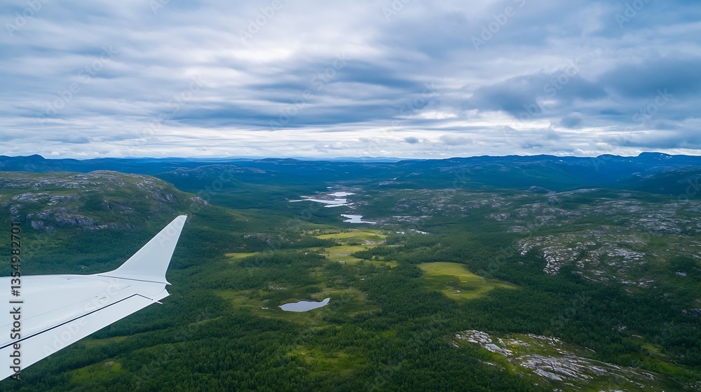 Poster aerial view of lush green forests and lakes beneath a cloudy sky from an airplane wing during flight