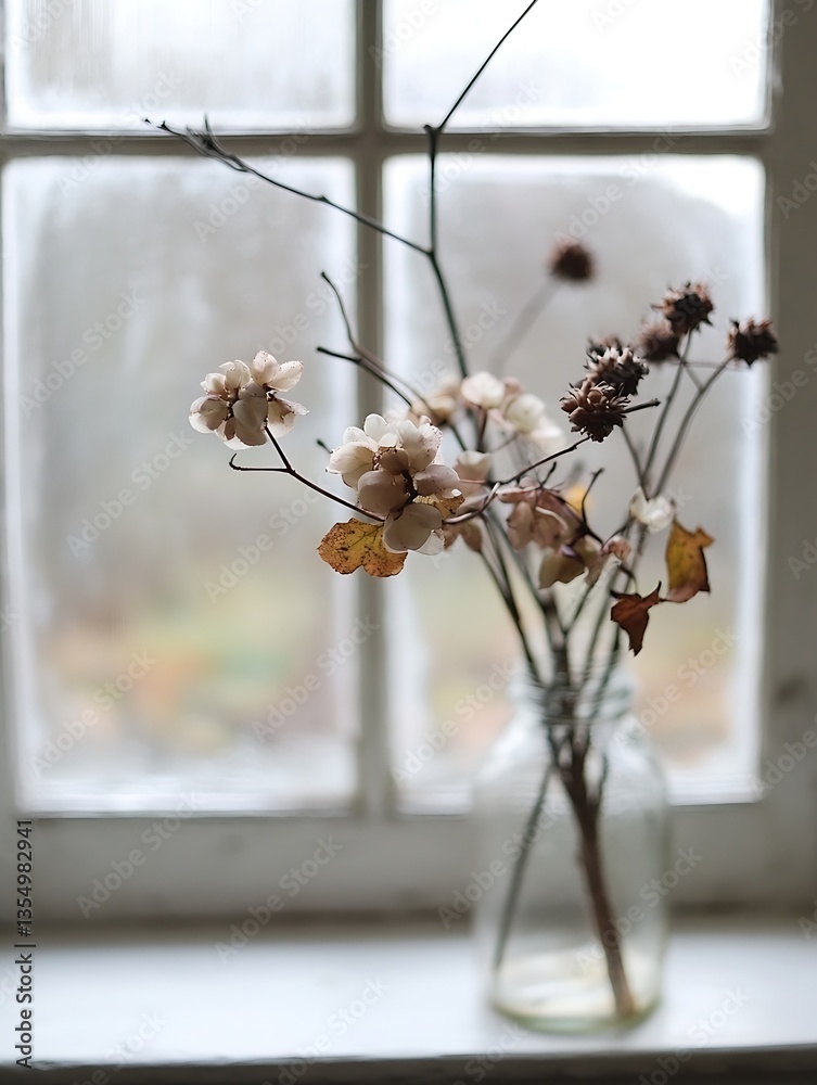 Poster delicate dried flowers and twigs in a glass jar set against a rainy window for a charming rustic aes