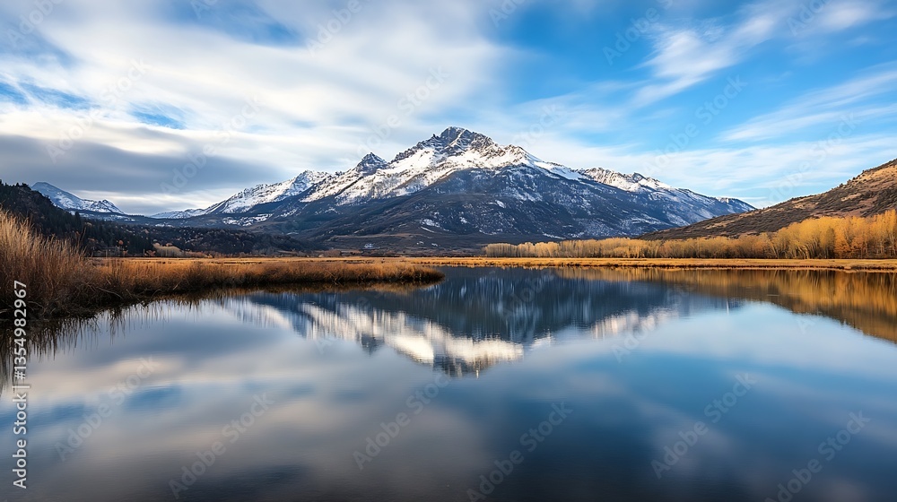 Aufkleber majestic mountain reflection in calm lake surrounded by nature : generative ai