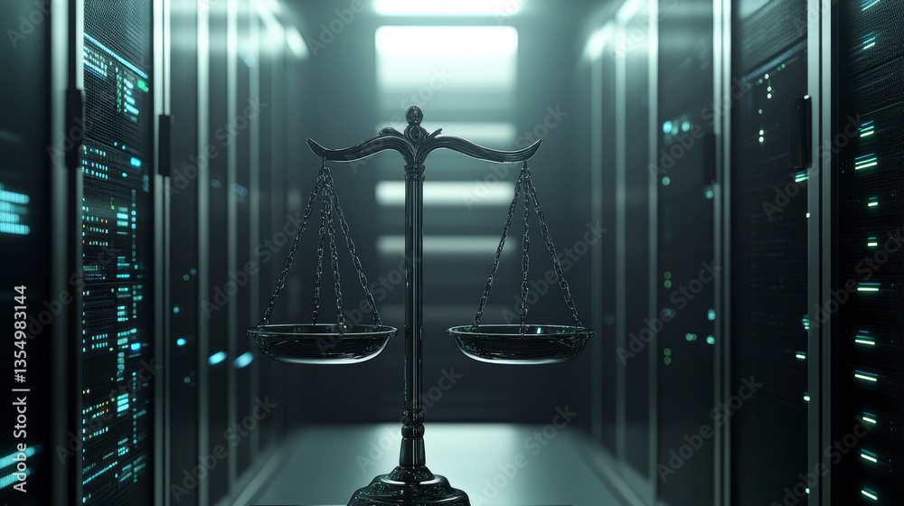 Poster scales of justice in a modern server room, symbolizing cybersecurity law and data protection.