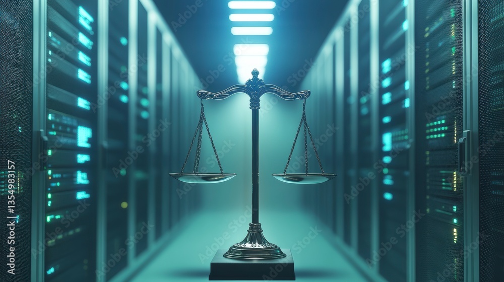 Aufkleber Scales of justice in a modern data center server room.