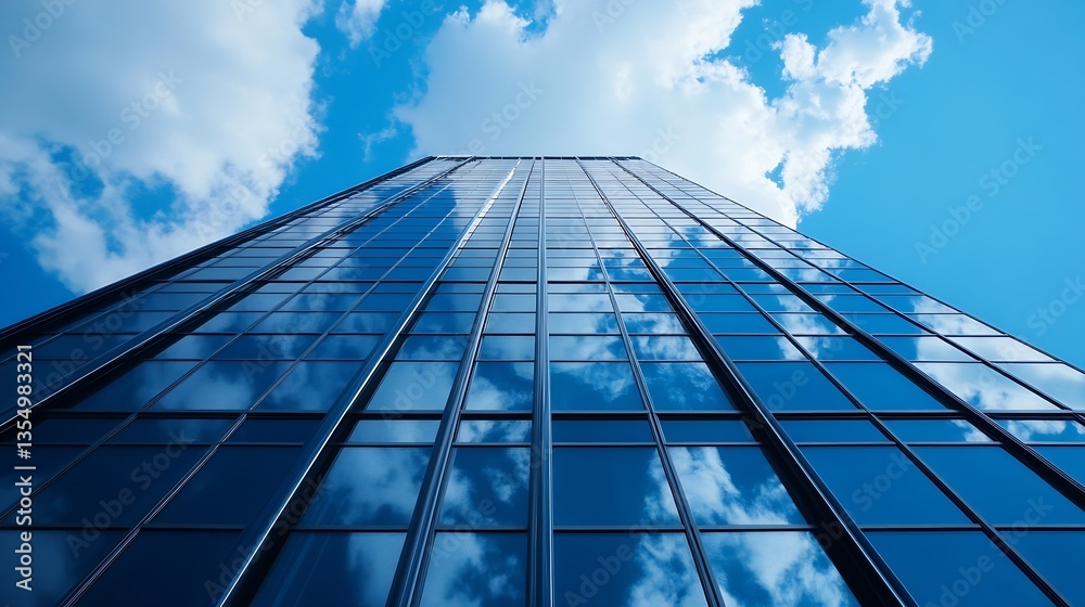 Aufkleber A modern glass building reflecting clouds under a bright blue sky from a low angle perspective : Generative AI