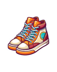 Generate an image of classic 1970s-style high-top sneakers, emphasizing retro design details and vibrant color schemes.  Show laces, sole, and overall texture.