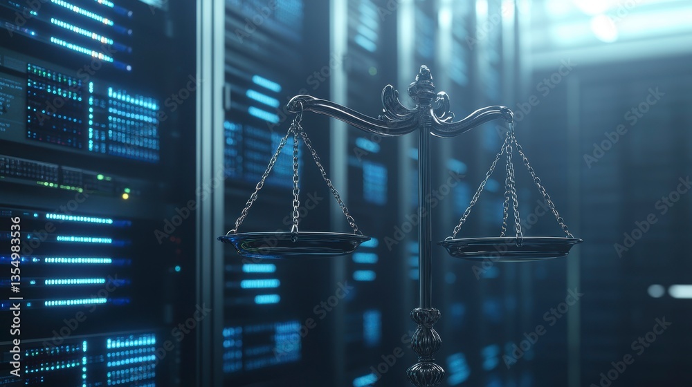 Poster scales of justice in a modern server room, symbolizing cybersecurity law and data privacy.