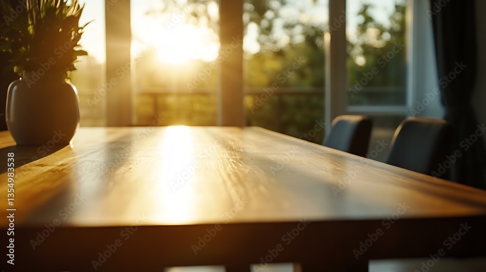 Poster Warm Light Streaming Through Windows Over a Beautiful Wooden Table Surrounded by Nature : Generative AI