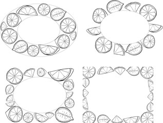 Lemon slice oval and rectangle frame set vector drawing. Hand drawn summer illustration. graphic line ink black and white illustration for packaging, tea, juice, natural cosmetics, lemonade