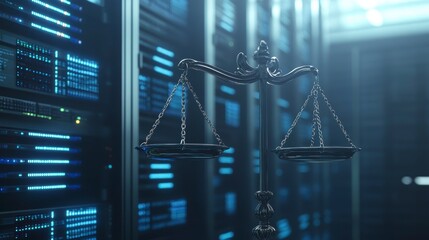 Scales of Justice in a modern server room, symbolizing cybersecurity law and data privacy.