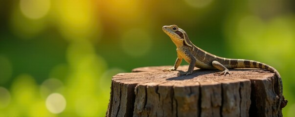 Brown lizard basks on weathered tree stump in garden, sun, California
