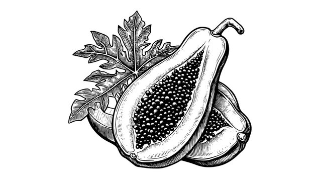 recommend clip art: papaya fruit with leaves black vector engraving