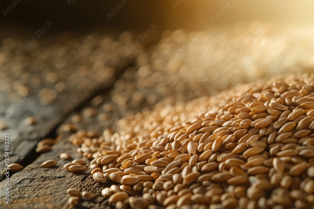 Aufkleber Golden wheat grains spread across a rustic wooden table reflecting warm light and creating a luxurious food concept atmosphere