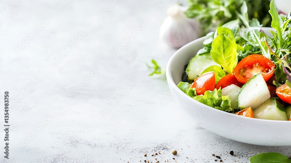 Poster fresh healthy salad bursting with colors and textures served in a modern white bowl on a stylish sur