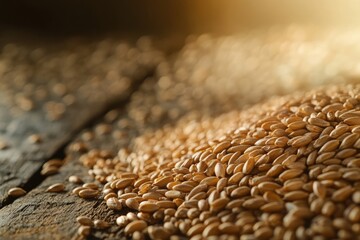 Obraz premium Golden wheat grains spread across a rustic wooden table reflecting warm light and creating a luxurious food concept atmosphere