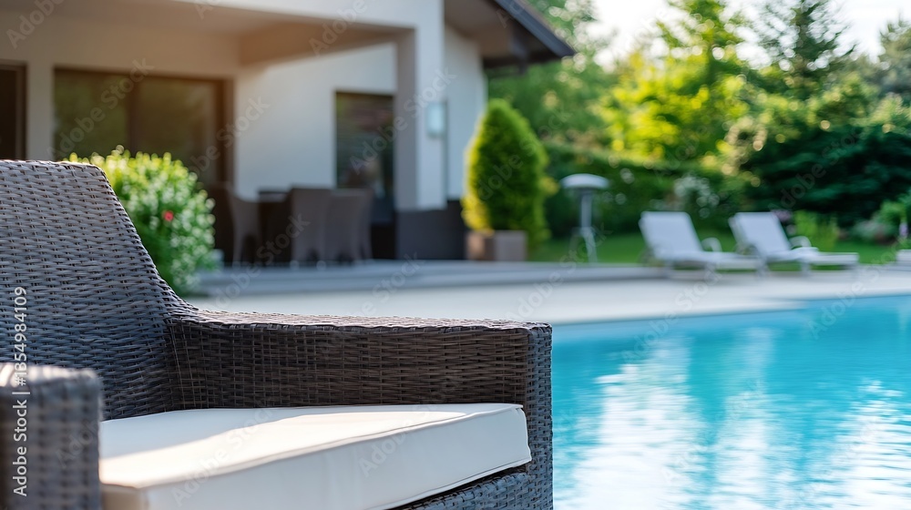 Poster stylish outdoor seating area by a refreshing pool surrounded by lush greenery : generative ai