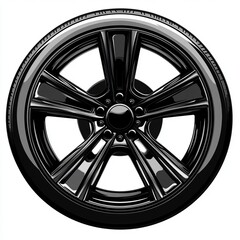Obraz premium Vector design of a car wheel icon, round shape with a five-spoke rim and tread details, clean black lines, sharp geometric edges, transparent background, professional and stylish style.