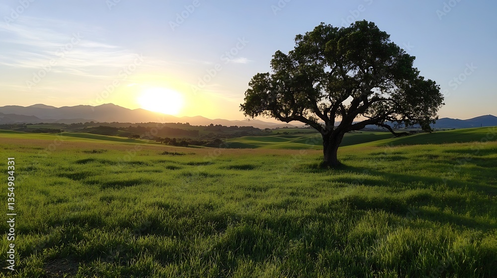 Poster beautiful sunset over a green field with a solitary tree and rolling hills in the distance : generat