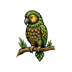 A detailed close-up photograph of a Kakapo parrot perched on a mossy, lichen-covered branch, showing intricate feather detail and environment.