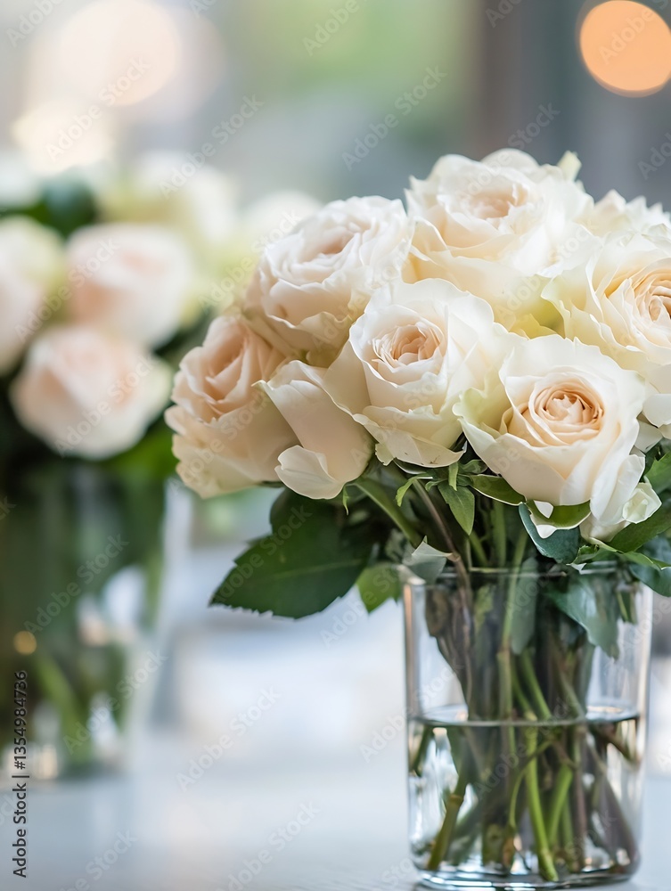 Poster beautiful arrangement of soft white roses in a glass vase with blurred background details : generati
