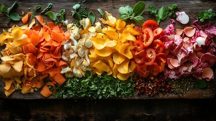 Artistic Display of Food Scraps for Zero Waste Cooking on Rustic Wooden Surface