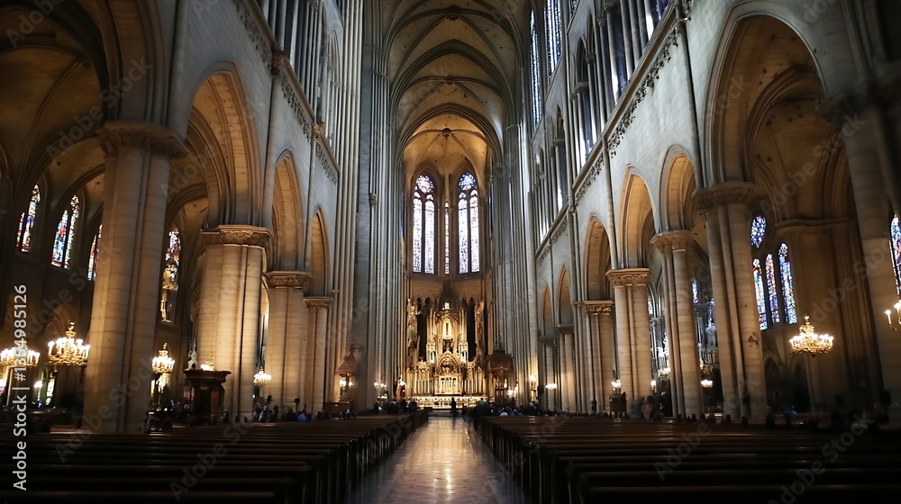 Poster a stunning view of the interior of a grand cathedral showcasing magnificent architecture and beautif