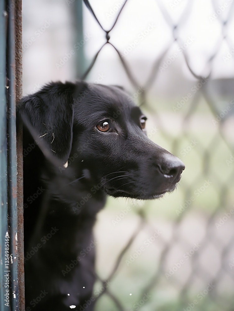 Poster close up of a black dog looking through a chain link fence in a shelter environment : generative ai