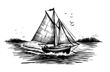 sailboat sailing on lake with islands black vector sketch