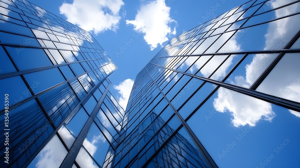 Poster modern skyscraper buildings with reflective glass reaching towards a bright blue sky filled with flu