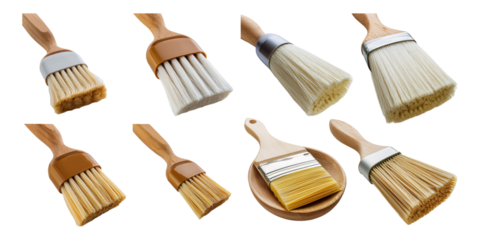 Set of natural bristle brushes with wooden handles, designed for cooking, baking, or basting. Ideal kitchen tool for precise tasks. isolated on transparent background.