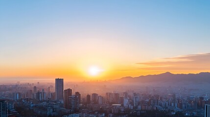 Naklejka premium Breathtaking City Skyline at Sunset with Warm Colors Reflecting Over Urban Landscape : Generative AI