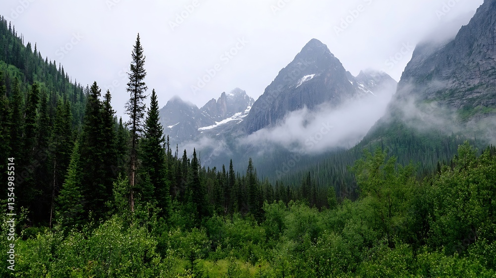 Poster serene mountain landscape with misty peaks surrounded by lush green trees creating a tranquil natura