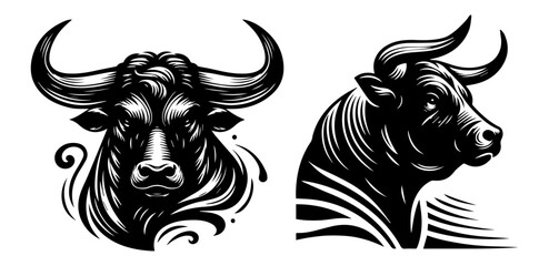 stylized bull heads black vector sketch