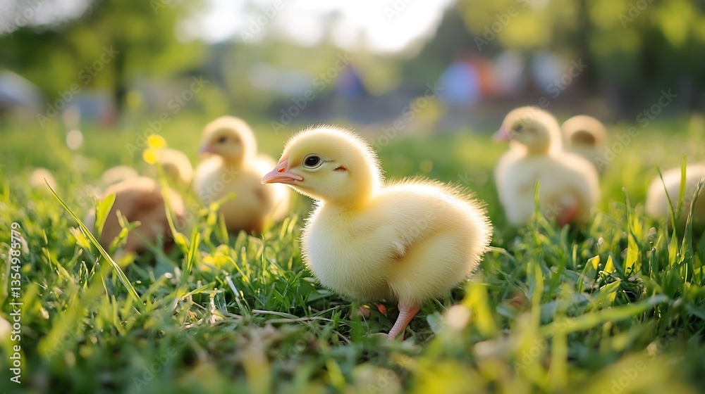 Poster adorable fluffy ducklings exploring a grassy field during a bright sunny day : generative ai