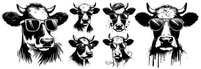 Fototapeta premium cool cows wearing sunglasses black vector sketch