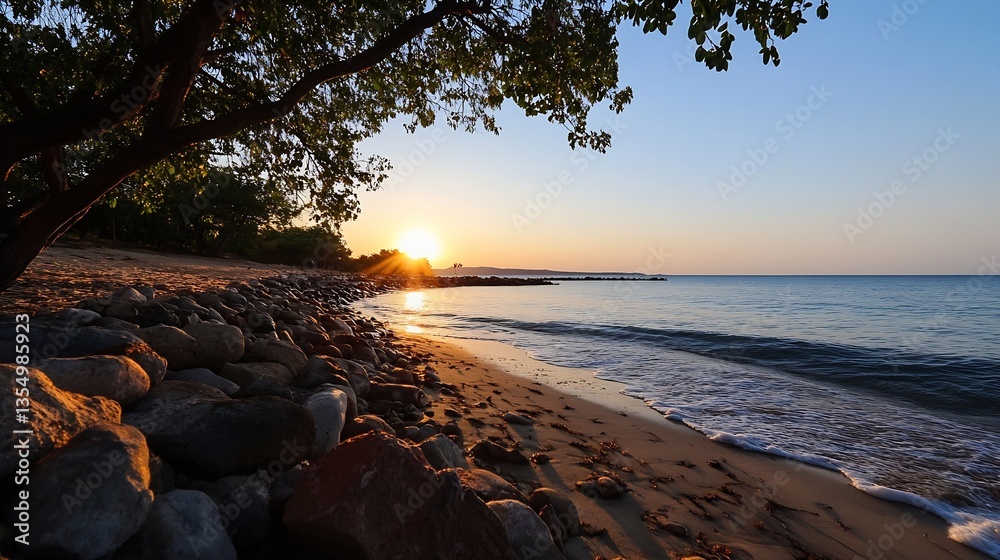 Poster golden sunrise illuminating a peaceful beach setting surrounded by trees and smooth stones at the wa