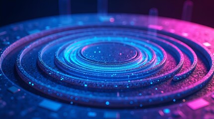 Fototapeta premium Abstract Circular Technology: Glowing Blue Rings with Digital Particles