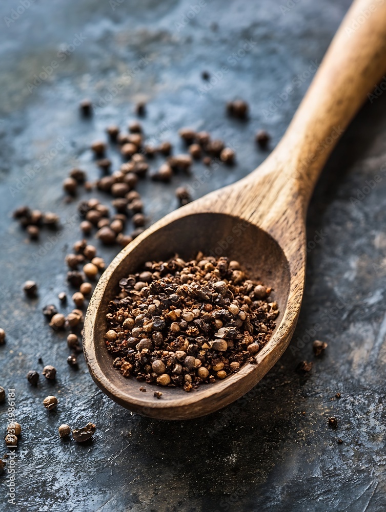 Poster wooden spoon filled with ground spices on rustic stone surface : generative ai