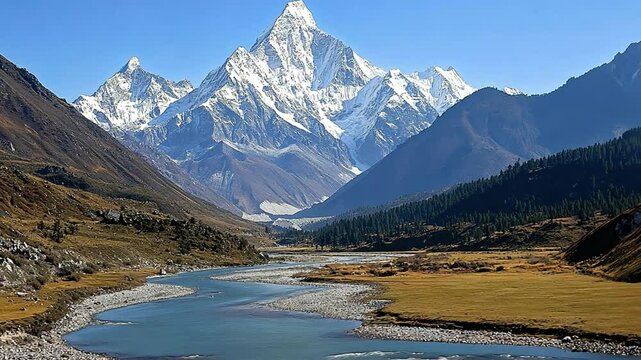 Majestic Mountain Landscape: A panoramic view of a stunning mountain range, with snow-capped peaks piercing the clear blue sky, valleys and a serene river weaving through the landscape.
