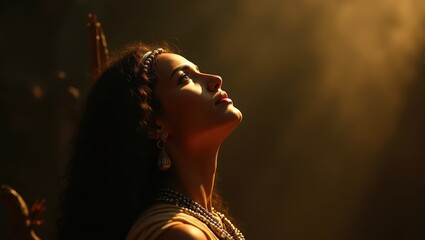 Young beautiful tribe woman praying , Cinematic Portrait closeup. Biblical character