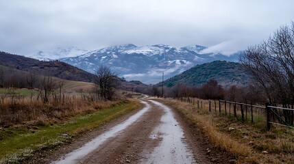 Scenic Mountain Landscape with Gravel Road in a Beautiful Rural Setting : Generative AI