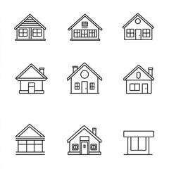 A collection of nine simple line drawings of houses and buildings in a grid pattern on white